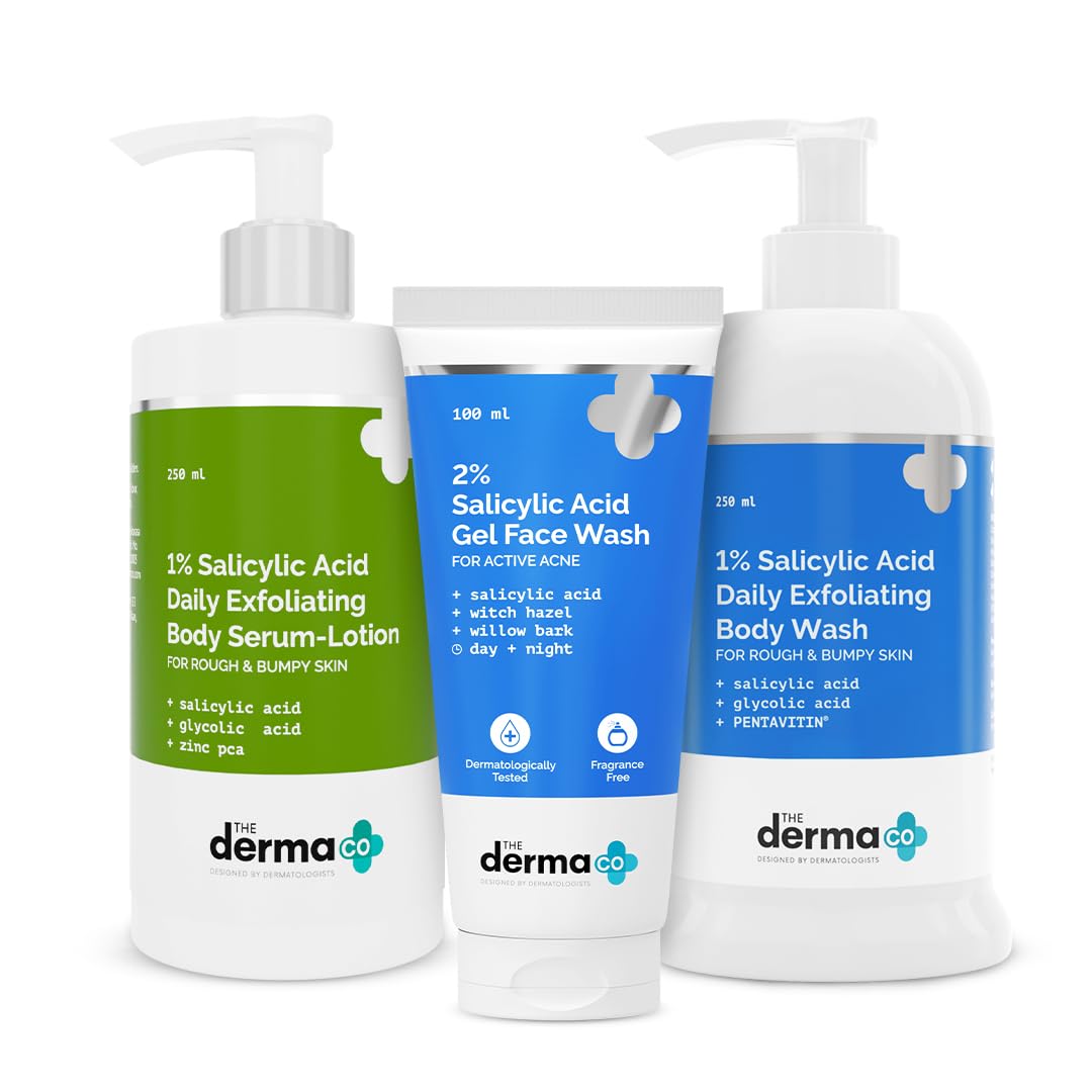 The Derma Co Clear & Smooth Combo 2% Salicylic Acid Face Wash 100ml + 1% Salicylic Acid Exfoliating Body Wash 250ml+1% Salicylic Acid Exfoliating Body Serum Lotion 250 ml |Treats Acne|Exfoliates|Brightens