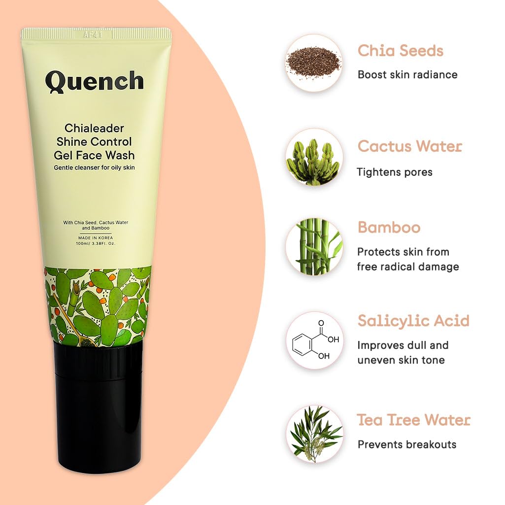 Quench Shine Control Gel Face Wash with In-built Silicone Brush | Korean Face Wash for Oily Skin | Controls Excess Oil & Reduces Blackheads | Made in Korea (100ml)