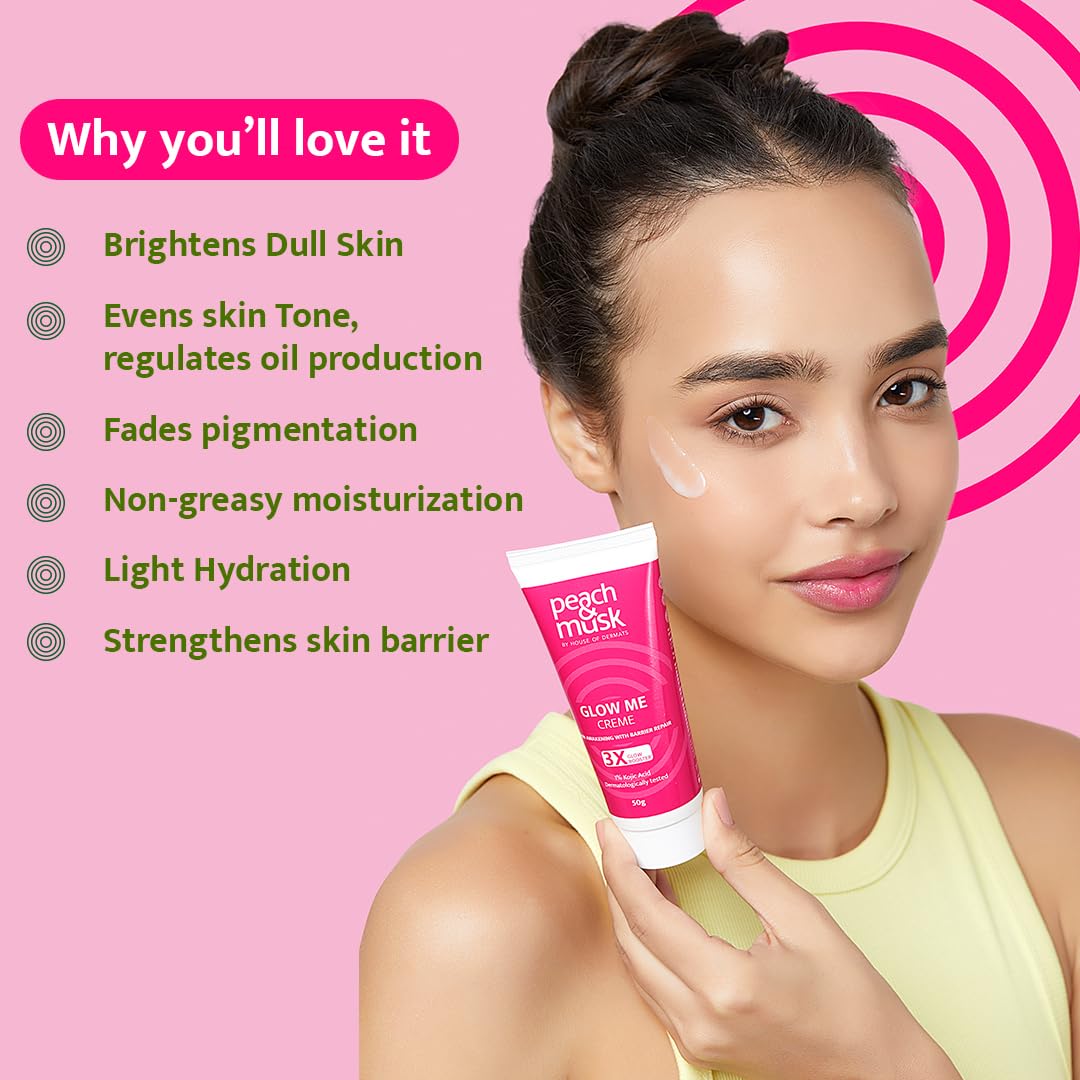 Peach and Musk Glow Me Moisturizing Face Cream, 1% Kojic Acid & Niacinamide, Daily Use Non-Greasy & Non-Sticky Formula, Reduce Dark Pigmentation, Uneven Skin tone, Suitable For Men & Women - 50gm