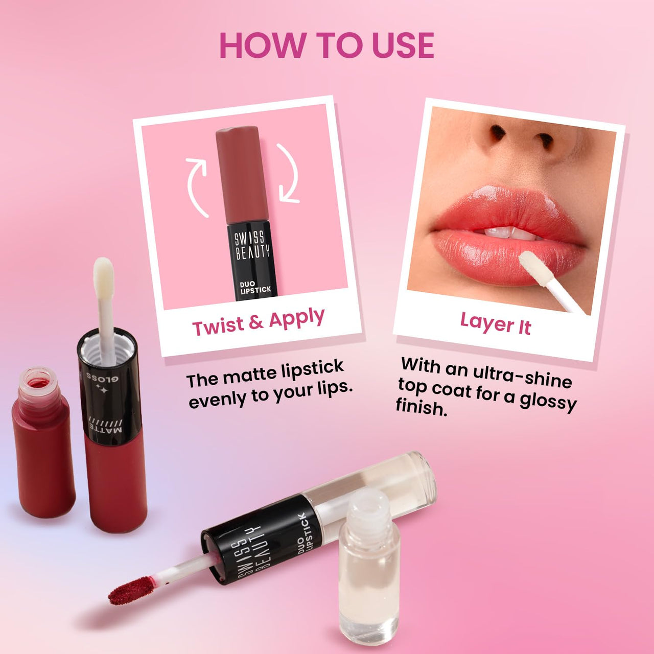 Swiss Beauty Duo Lipstick | Matte smudge-proof Liqud Lipstick + Transparent glossy Lipgloss | Transfer -proof and Long lasting | Shade-Kiss Of Pink, 10ml