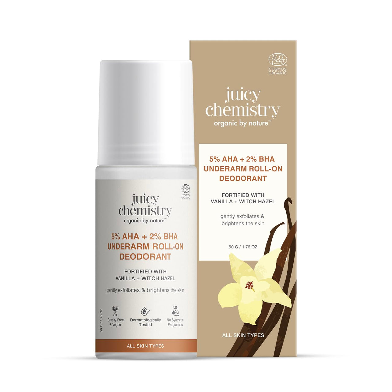 Juicy Chemistry Underarm Roll-On 5% AHA & 2% BHA, 50ml | Vanilla + Witch Hazel, Certified Organic | Controls Body Odour & Brightens Skin | Aluminum Free | For Men & Women