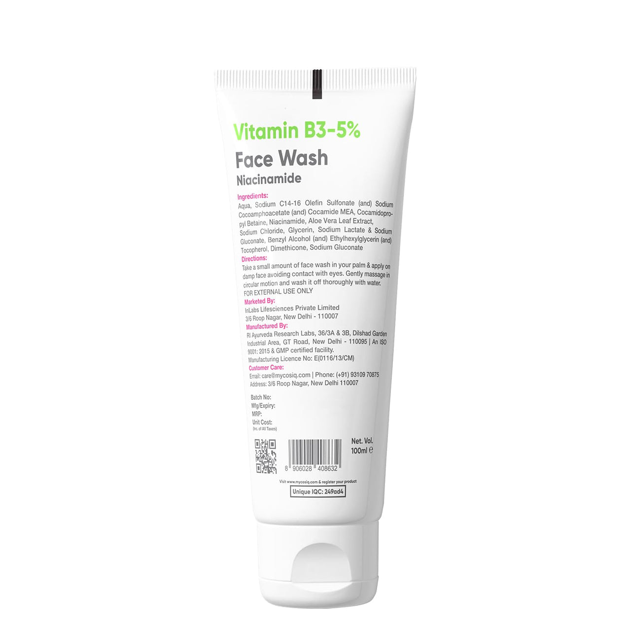 Cos-IQ Vitamin B3-5% Niacinamide Face Wash for Smooth and Even Skin, Tan Removal & Glowing Skin, pH Balanced & Paraben Free (30 Days Pack, 100ml)