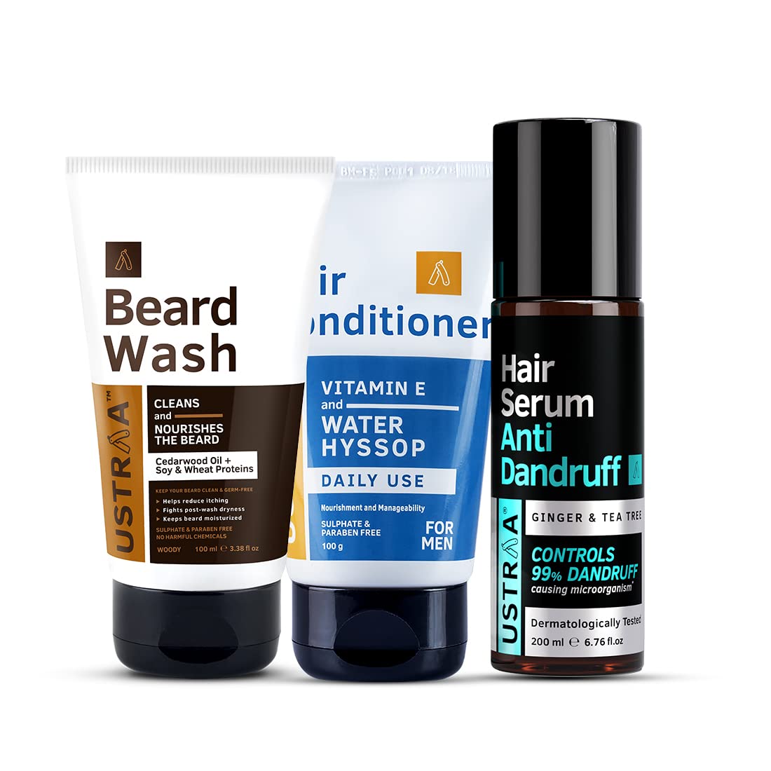 Ustraa Beard Wash Woody - 100 ml - Sulphate-free Beard Wash | Daily Use Hair Conditioner - 100gm -with Water Hyssop (Brahmi) & Vitamin E | & Hair Serum Anti-Dandruff - 200ml | with Tea Tree & Ginger