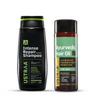 Ustraa Indian Hair Care Kit - Ayurvedic Hair Oil - 200 ml | 8 Natural Herb Extracts & Intense Repair Shampoo - 250 ml | Fiber Restoration Technology | Helps Restore Hair Bonds | Keratin
