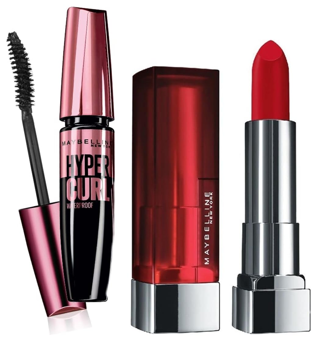 Maybelline New York Color Sensational Creamy Matte Lipstick, 640 Red Liberation, 3.9g and Maybelline New York Hypercurl Mascara Waterproof, Black, 9.2ml