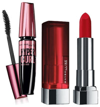 Maybelline New York Color Sensational Creamy Matte Lipstick, 640 Red Liberation, 3.9g and Maybelline New York Hypercurl Mascara Waterproof, Black, 9.2ml