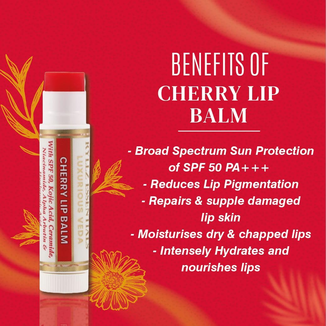 RYLLZ ESSENTIALS Cherry Lip Balm | SPF 50 PA+++ | With Shea Butter, Kojic Acid, Ceramide, Niacinamide, Alpha Arbutin & Hyaluronic Acid | Red Tint | For Lip Lightening & Moisturized Lips | 5 Gm