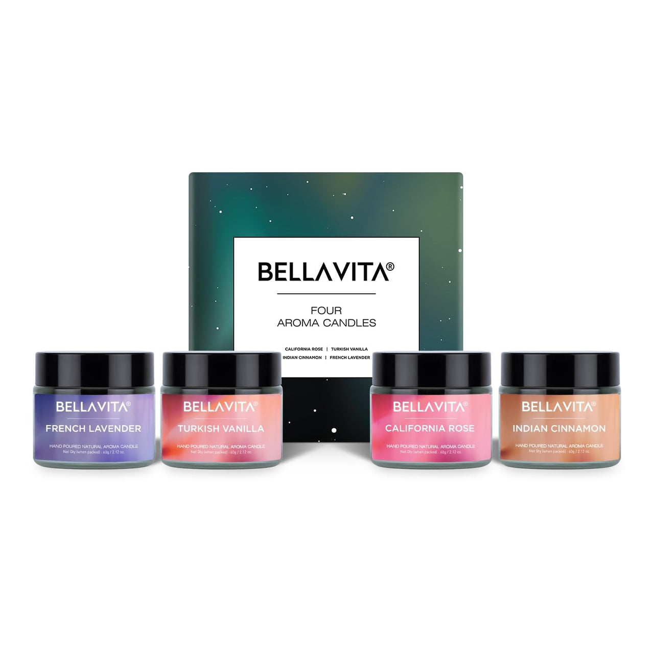 Bella Vita Organic Soy Wax Aroma Candles Set Of 4 Scented Aromatic Fragrance Vanilla, Cinnamon, Lavender & Rose For Gifting Home, 60 Gms Each,Up To 15 Hours Burn Time