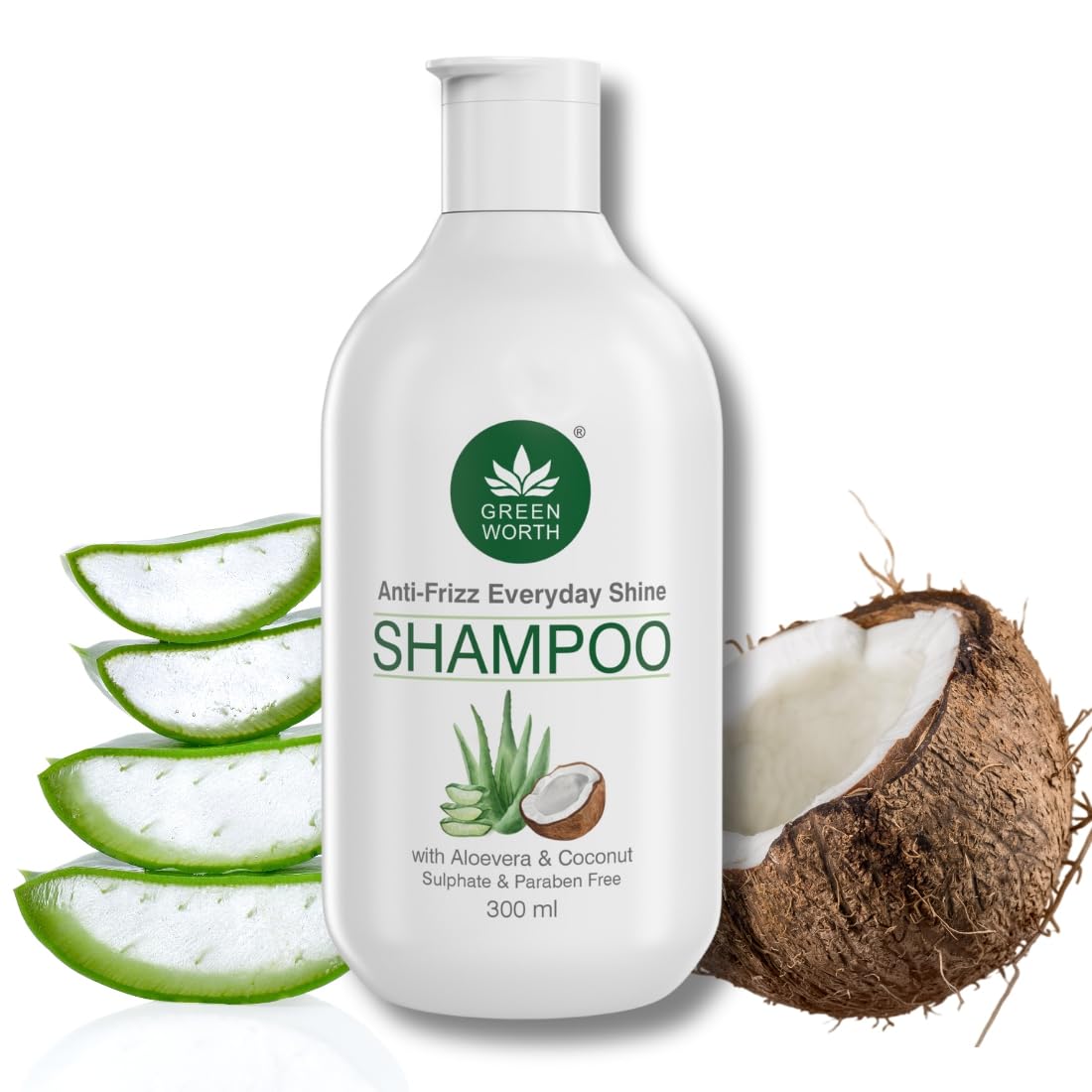 GREEN WORTH GREENWORTH Everyday Shine Anti-Frizz Shampoo For Dry Damaged Thin Hair | Sulphate Free And Paraben Free | With Aloevera & Coconut | For Unisex | Lavender & Vanilla Essential Oil | 300 Ml