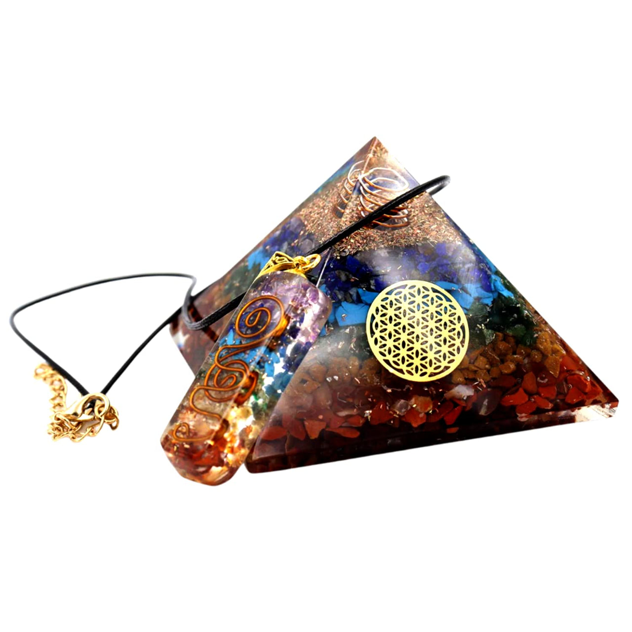 Real Crystal Orgone Chakra Pyramid - Seven Chakra Orgone Pyramid - Orgonite Pyramid for Energy Healing - Orgonite Kit - Protection With Seven Chakra Orgonite Necklace