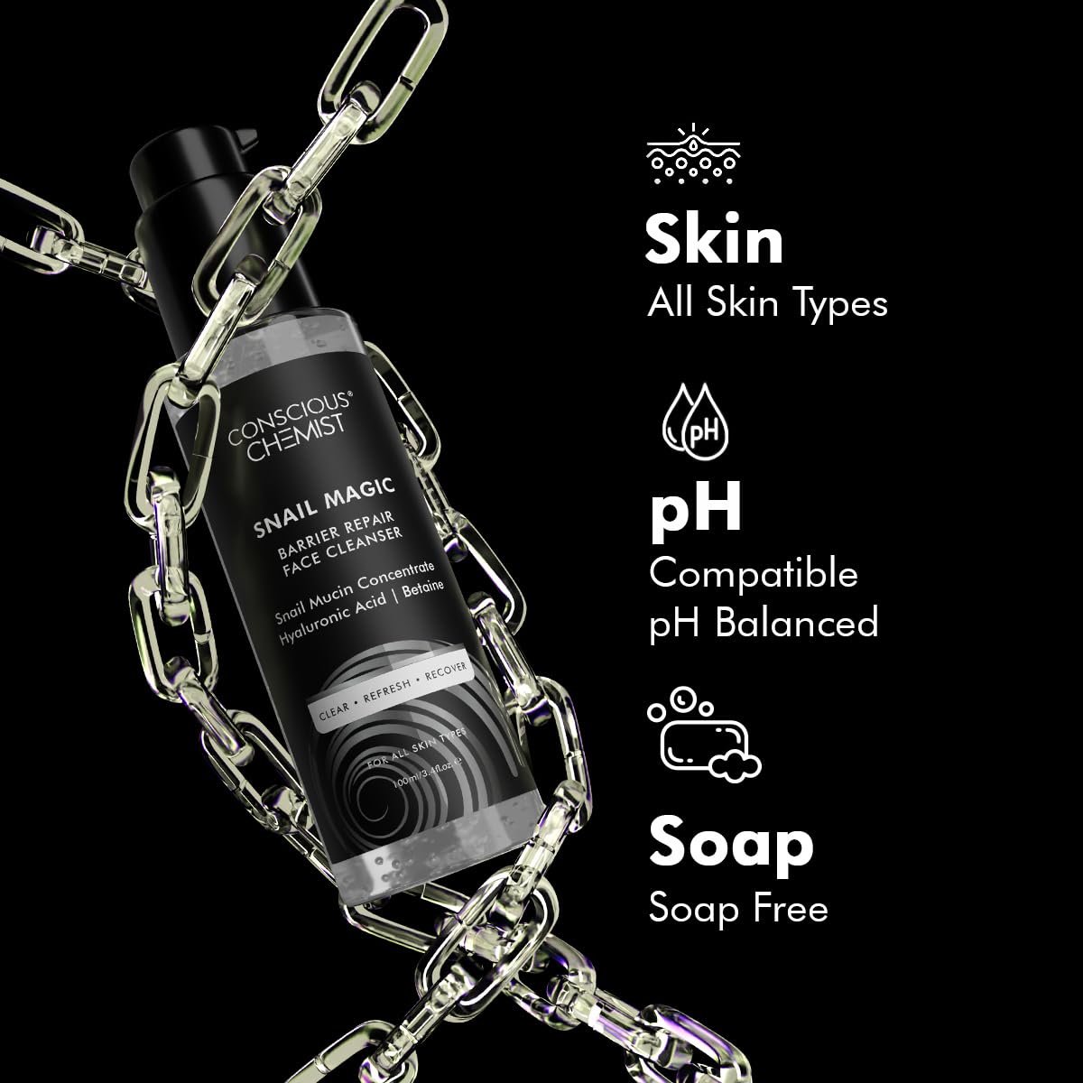 Conscious Chemist Snail Mucin Face Wash | 100ml | Cleanser for Face for Women & Men, Low pH Gel with Korean Snail Mucin Concentrate, Hyaluronic Acid & Betaine, All Skin Types - Snail Magic