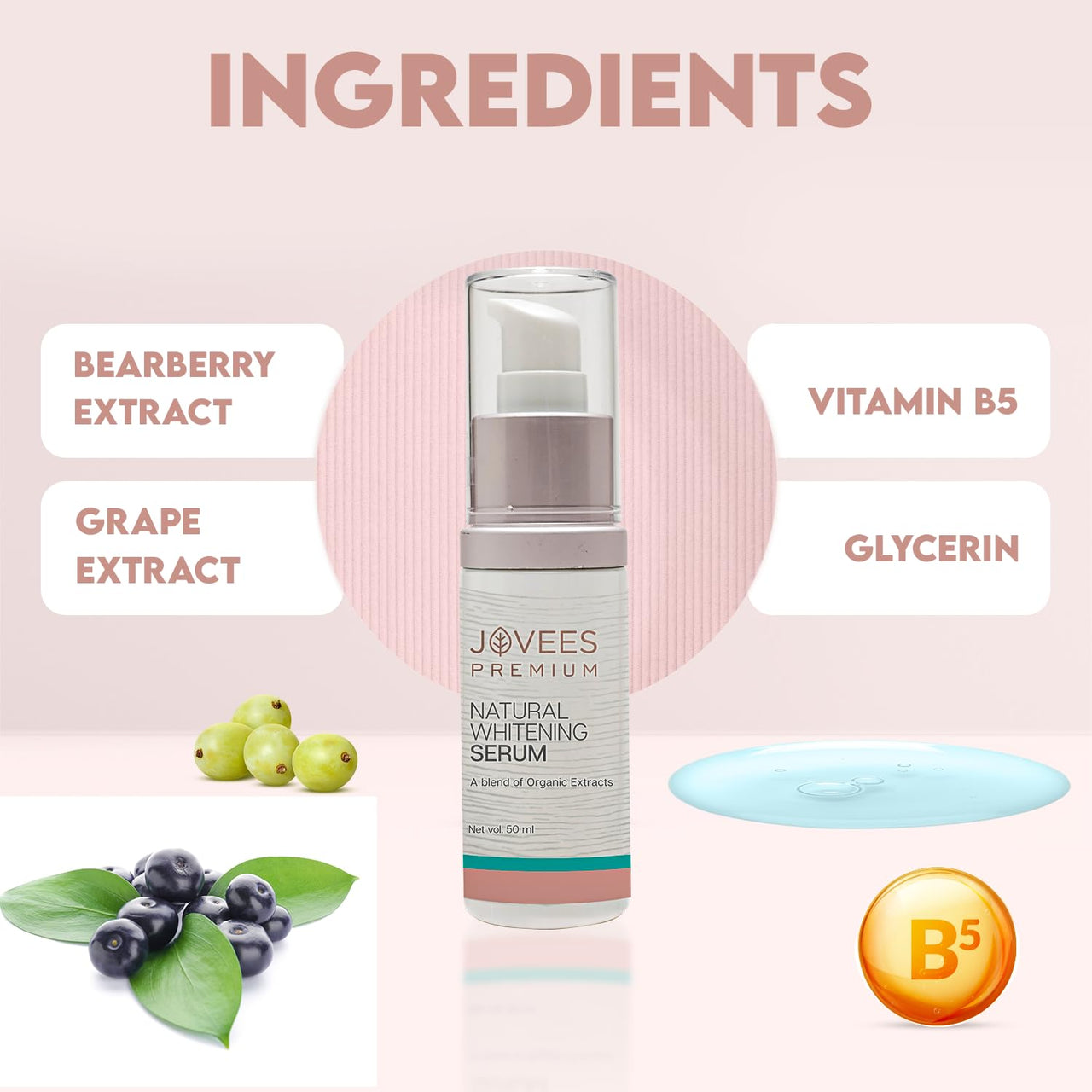 Jovees Premium Natural Whitening Serum | Gives Clear, Hydrated And Glowing Skin | And For All Skin Types | 50ml