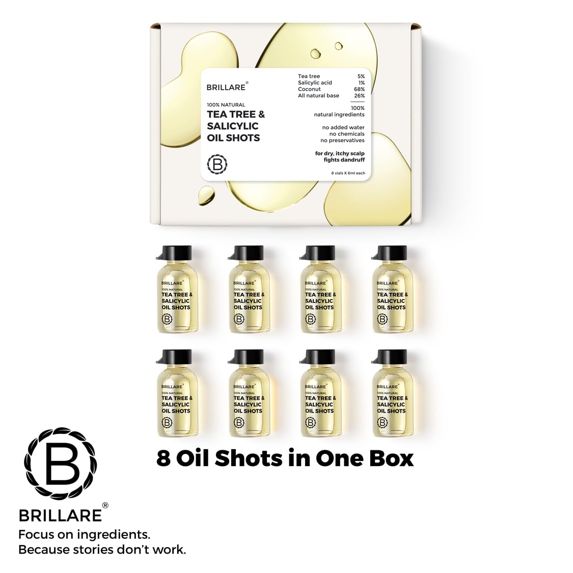 Brillare Tea Tree, Salicylic Acid & Coconut Shots, Light Oil for Summer, Best for Dry & Itchy Scalp, Dandruff Control, Reduces Excess Scalp Oil, 100% Natural Summer Hair Treatment, 48ml