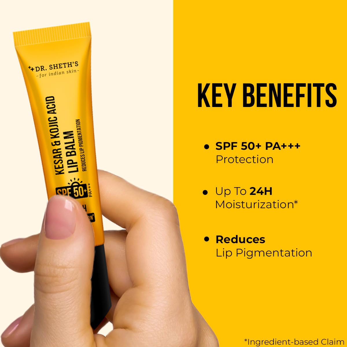 Dr Sheth's Kesar & Kojic Acid Lip Balm | Reduces Lip Pigmentation | SPF 50+ PA+++| 24H Moisturization|Non Sticky | Lightweight | For Dark, Dry, Flaky Lips | Natural Oils & Butters | All Genders | 10g