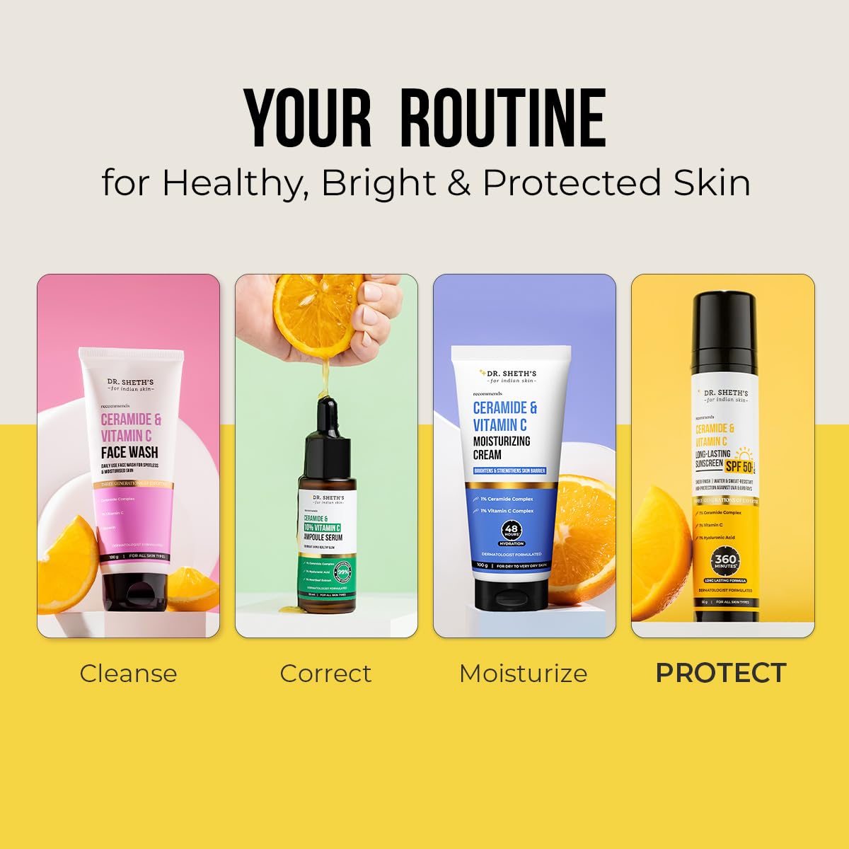 Dr. Sheth's Ceramide & Vitamin C Long lasting Sunscreen SPF 50+ PA++++ 6 hrs Advanced UV & Tan Protection For All Skin Types | No White Cast| Non-Greasy & Quick-Absorbing | For Women & Men | 50g