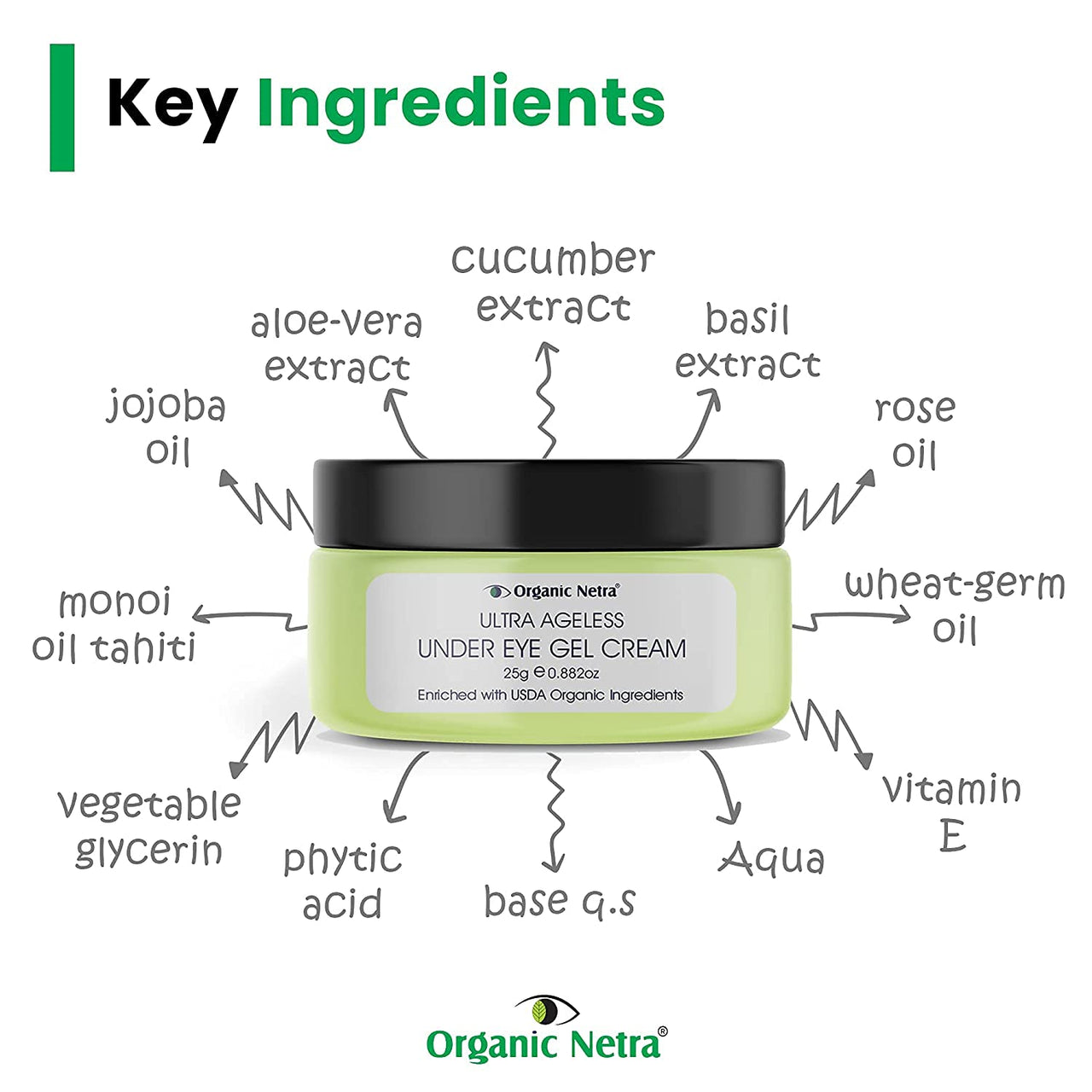 Organic Netra Ultra Ageless Under Eye Gel Cream | Enriched with Natural and Organic Ingredients with No Harmful Chemicals | Hydrates, Nourishes & Boosts Under Eye Skin- 25gm