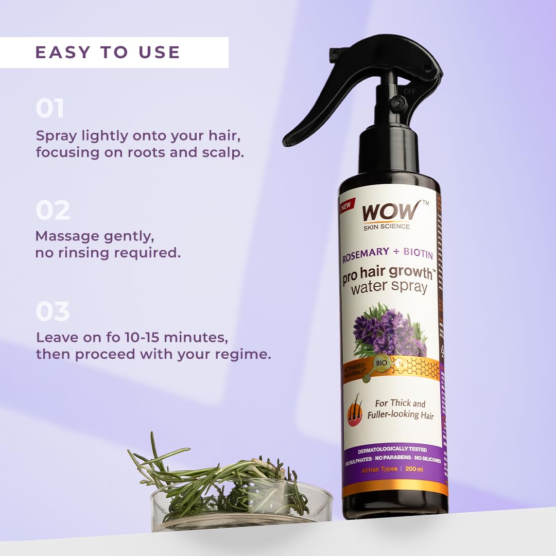 WOW Skin Science Rosemary + Biotin Pro Hair Growth Water Spray | Thicker & Fuller Hair | Rosemary Water For Hair Growth | No Parabens, Sulphates or Silicones | 200 ml