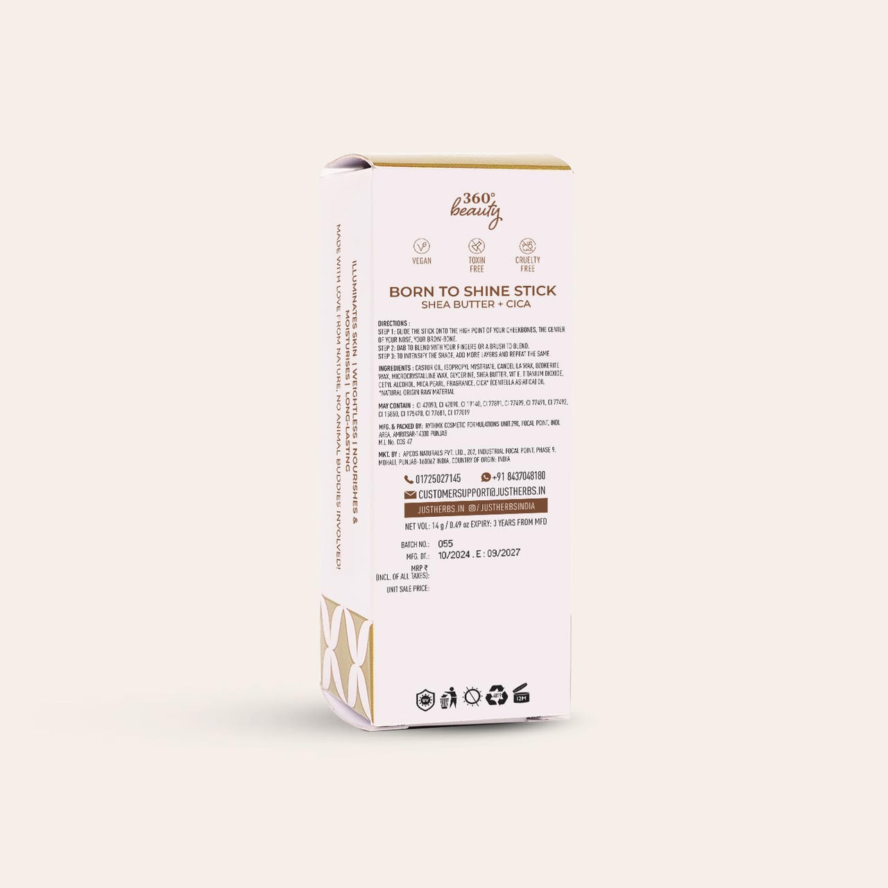 Just Herbs Born To Shimmery Golden Glow Smooth | Portable | Moisturises & Hydrates infused with Shea Butter and Cica Single Stroke All Day Long Highlighter for Women 14g