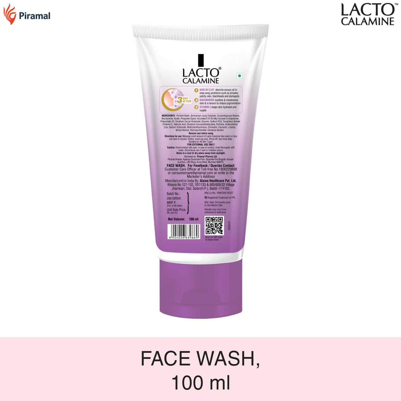 Lacto Calamine Face Wash For Oily Skin |100ml each- Pack of 2 | Kaolin Clay, Niacinamide & Vitamin E | Facewash Reduces Excess Oil, Controls Pimples, Blackheads & Whiteheads |Face wash For Women & Men