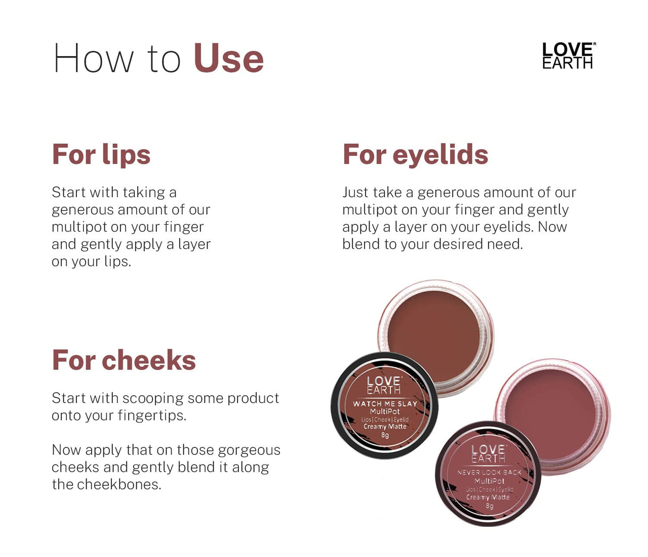 Love Earth Lip Tint & Cheek Tint Multipot Combo (Ruby Pink & Caramel Brown) with Richness of Jojoba Oil and Vitamin E for Lips, Eyelids and Cheeks