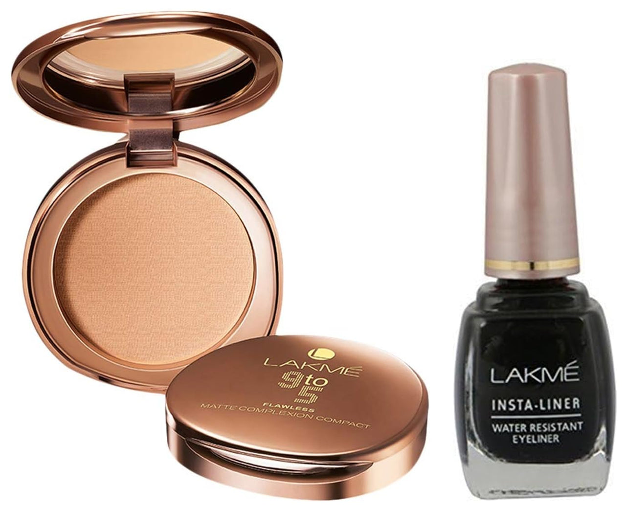 Lakmé Insta Liquid Eye Liner, Black, 9Ml And 9 To 5 Flawless Matte Complexion Compact, Melon, 8G