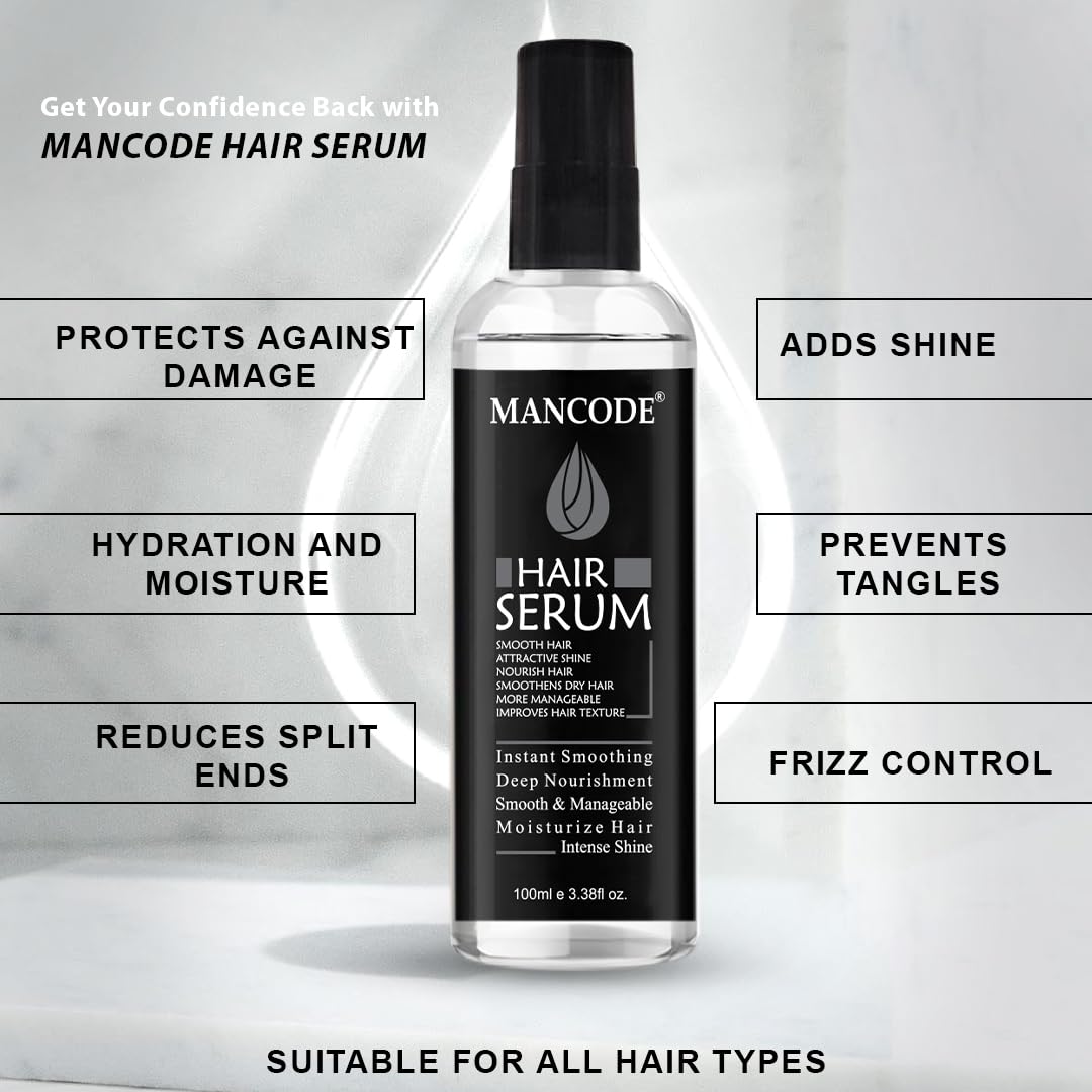 Mancode Hair Serum for Men Instant Shine & Smoothness Regular Use For Dry & Wet Hair Gives Frizz Free Soft & Silky Hair - 100ml (Men's Hair Serum, 100ml e 3.38fl oz.)