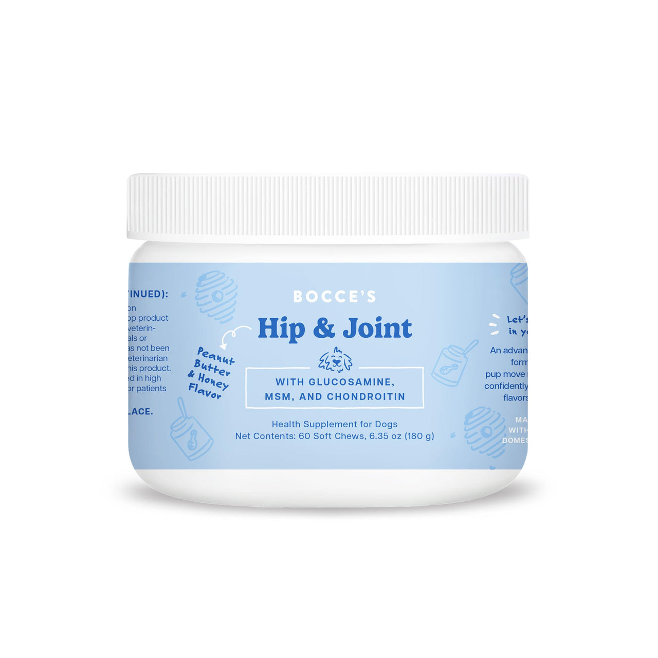 Bocce's  Bakery Hip & Joint Supplement for Dogs, Daily Chews Made in The USA with Glucosamine, MSM, and Chondroitin, Supports Healthy Joints, Peanut Butter & Honey, 60 ct