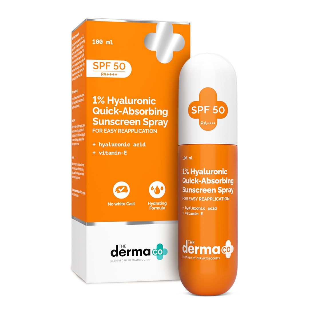 The Derma Co. 1% Hyaluronic Quick-Absorbing Sunscreen Spray |Hyaluronic Acid & Vitamin E | SPF 50 & PA++++ | No White Cast | Hydrating Fluid | Easy Reapplication | Face & Body | All Skin Types-100 ml