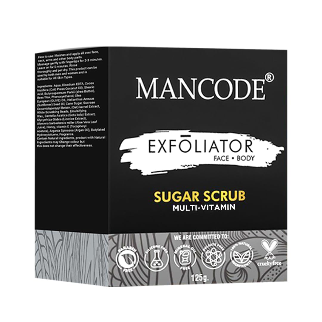 Mancode Multi-Vitamin Sugar Scrub for Face & Body for Tan Removal Exfoliating Detan Scrubs for Glowing Soft & Smooth Skin Removes Tan, Blackheads and Dirt For Men & Women 125gm.