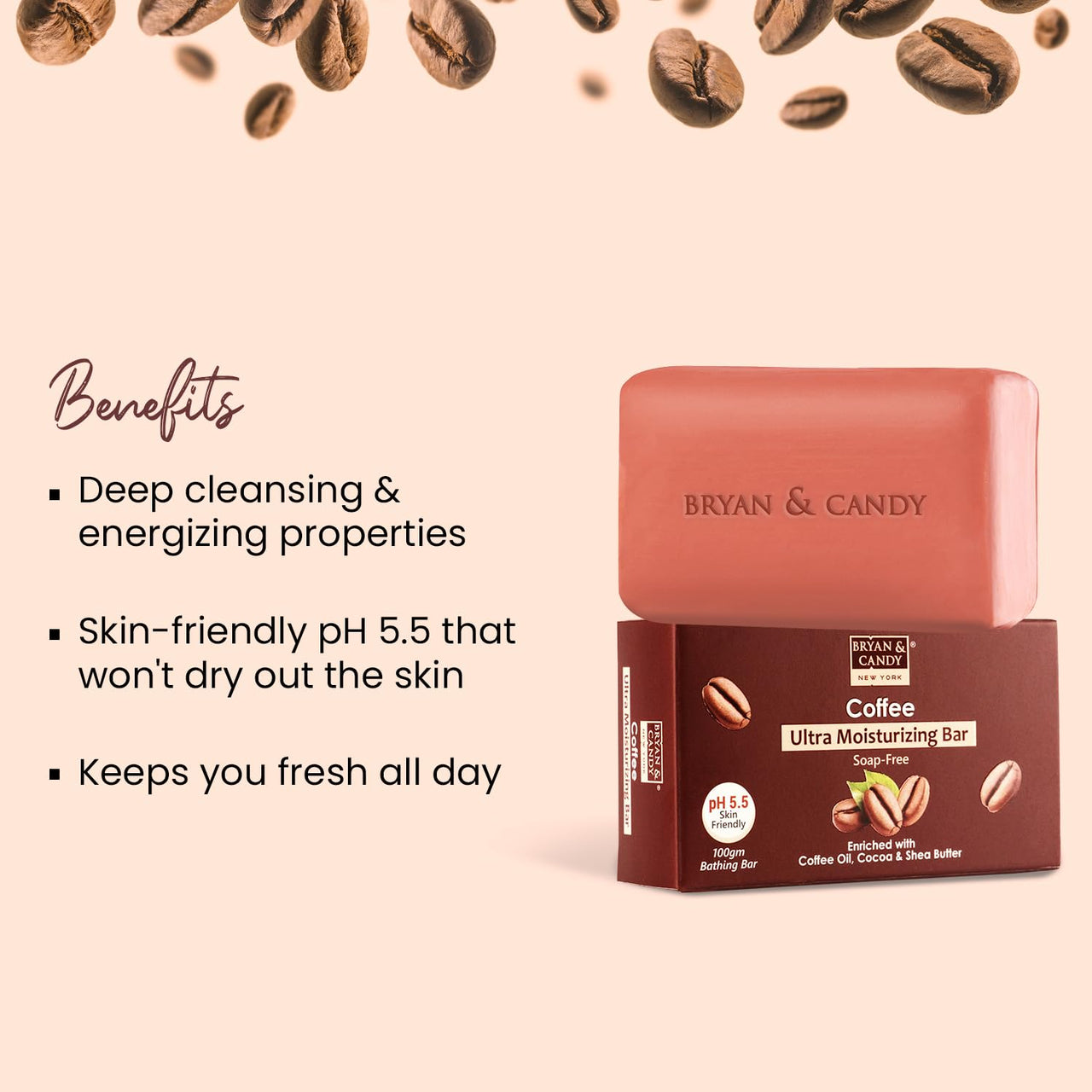 Bryan & Candy Coffee Ultra Moisturizing Bathing Bar Enriched with Coffee Oil, Cocoa shea Butter, Skin Friendly pH 5.5 for Polishing & Toning Skin, All Skin Types (100 gm)