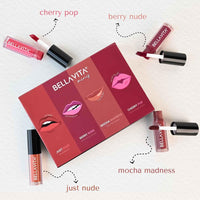 BELLAVITA Mini Kiss Proof Liquid Lipstick Gift Set of 4 x 2ml | Smudge & Transfer-Proof | Intense Moisturisation | Just Nude + Berry Nude + Mocha Madness + Cherry Pop | Lipstick Combo Set