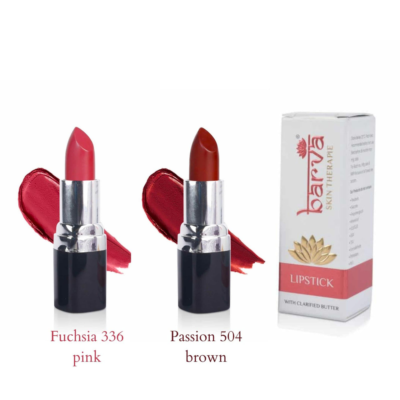 Barva Natural & Moisturising Lipsticks made using Clarified Butter, Kokum butter and Mineral Colours, 4.3g (Pack of 2) (Passion 504 & Fuchsia 336)