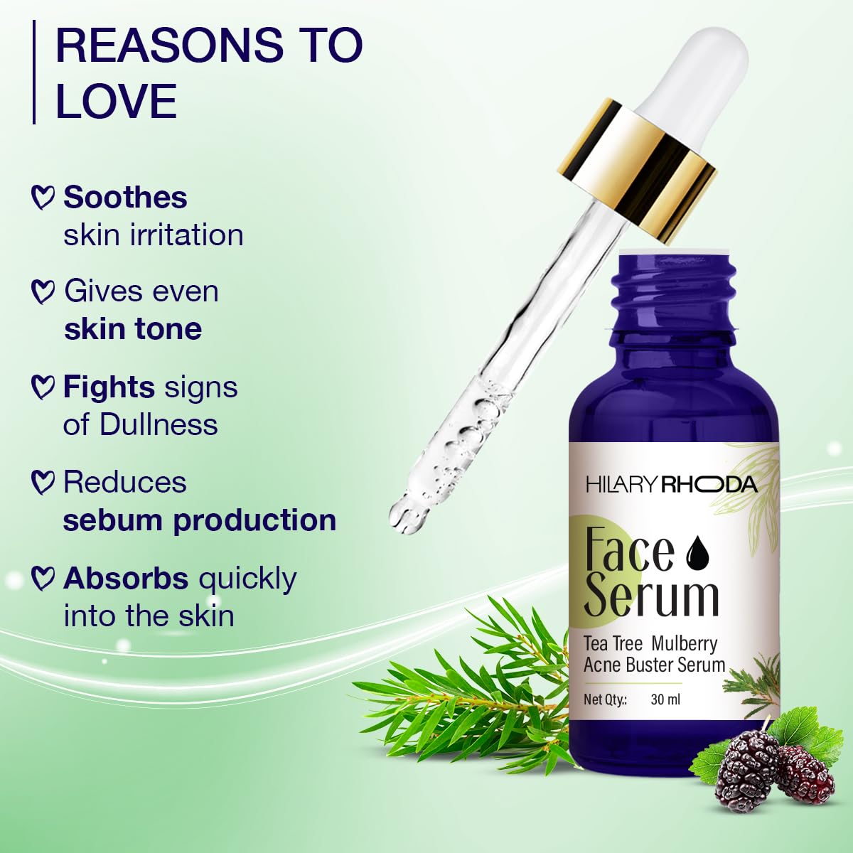 Hilary Rhoda Tea Tree Mulberry Acne Buster Serum for acne free Skin | Non-Irritating Formula | Helps Reduce Acne & Blemishes| with Goodness of Mulberry | 30 ml