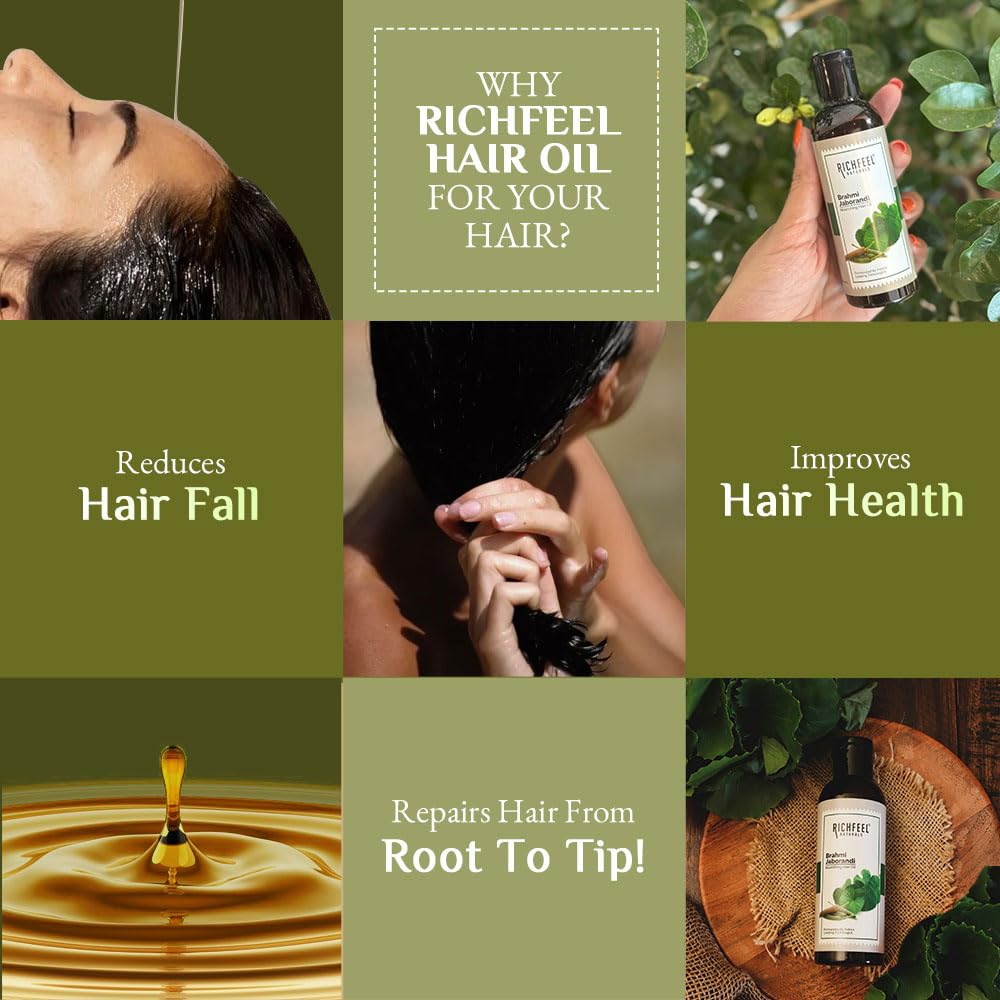 Richfeel Brahmi Jaborandi Hair Oil | Controls Hair Fall | Promotes Hair Growth | Trichologist Developed Formula | For Men & Women | No Mineral Oils or Silicones | 80 ML – Pack of 2