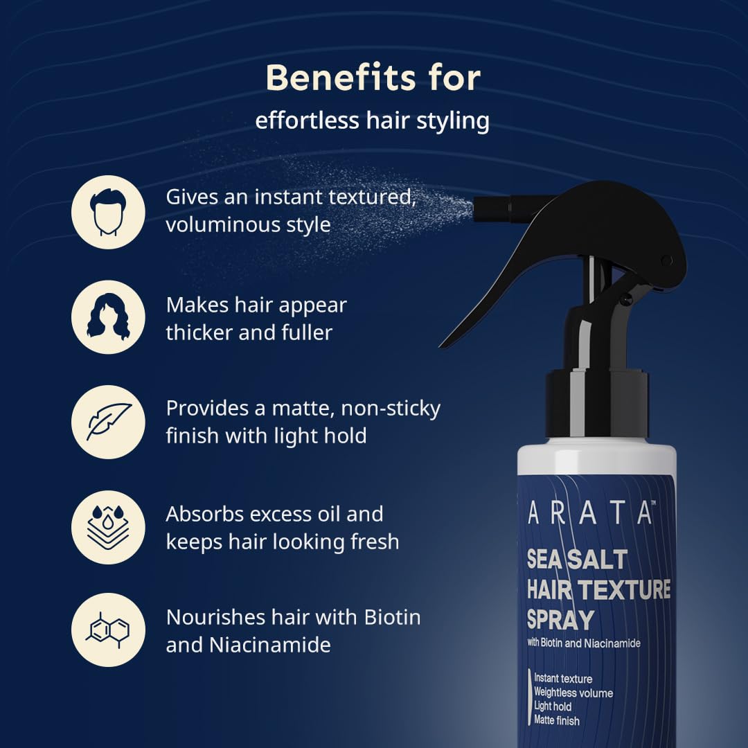 Arata Sea Salt Volumizing Hair Spray - 150ml For Beachy Locks & Natural Waves | Adds Volume & Texture To Hair Without Any Crunchy Feel | Made for All Hair Types With Sea Salt, Biotin & Niacinamide