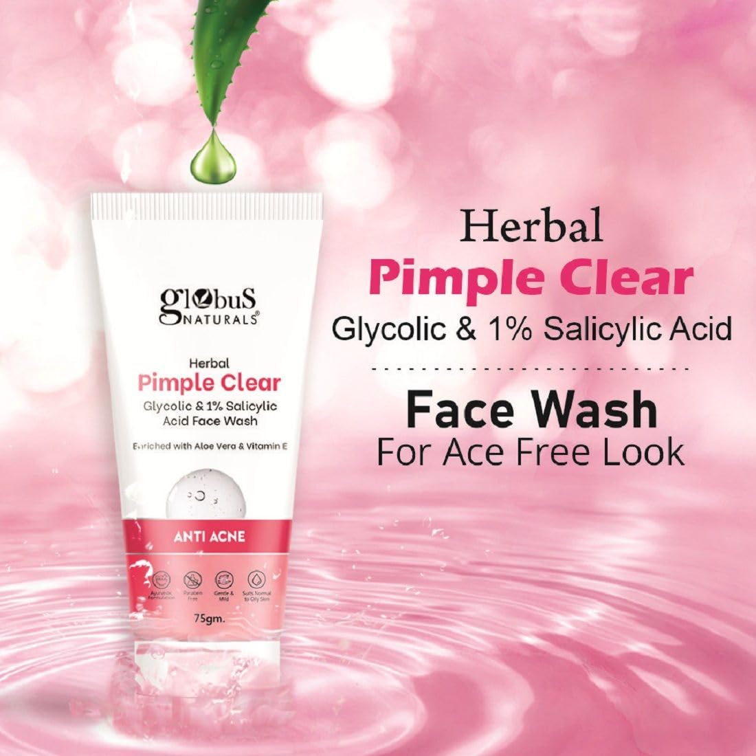 Globus Naturals Herbal Pimple Clear Glycolic & 1% Salicylic Acid Face Wash, Enriched With Orange & Almond, For Oily & Acne Prone Skin, 75 gm