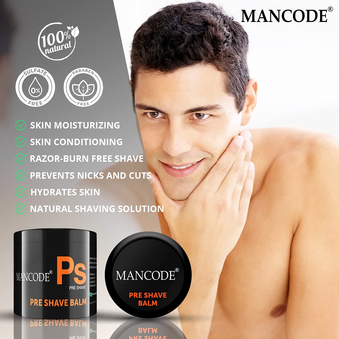 Mancode Pre - Post Shaving Kit for Men Pre Shave Balm 100 gm & After Shave Balm 100 gm Skin Moisturizing & Soothes Skin Irritation Prevents Razor Burns Helps Healing Cuts and Closes Pores Enriched with Aloevera Almond Oil Lemon Turmeric Chamomile Oil (Pac