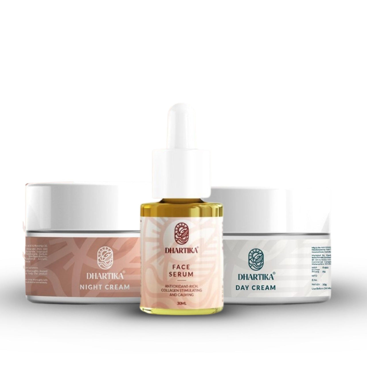 Dhartika Glow Essentials Combo – Face Serum + Day Cream + Night Cream | Anti-Aging, Brightening & Hydrating Skincare Kit | Collagen Boost, Spot Reduction & Youthful Glow | Unisex | All Skin Types