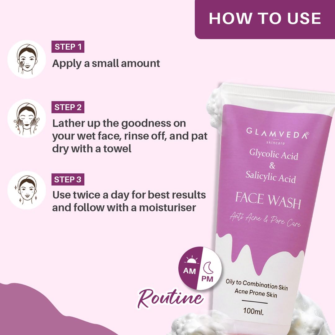 Glamveda Glycolic Acid & 0.05% ww Salicylic Acid Anti Acne Face Wash (100ml Pack of 2) | For Oily & Acne Prone Skin | Oil balancing, Deep Cleansing | No Paraben, SLS
