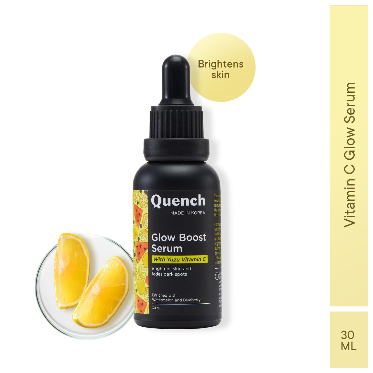 QUENCH BOTANICS Quench Vitamin C Glow Boost Face Serum with 5% Ethyl Ascorbic Acid | Brightening Serum for Dark Spots & Uneven Skin Tone | Highly Stable & Non Irritating | Made in Korea (30ml)