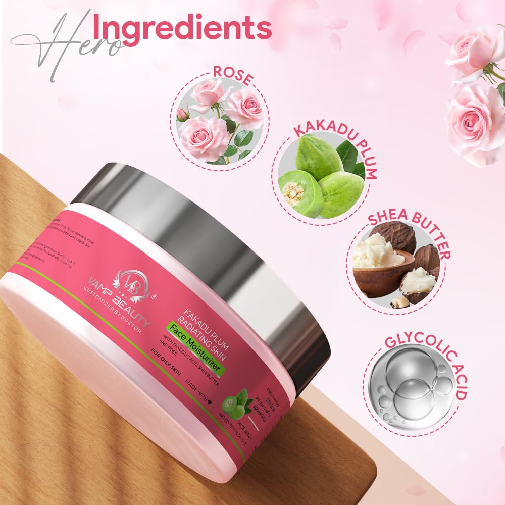 Vamp Beauty Face Gel Moisturizer | For Oily & Acne-Prone Skin | With Kakadu Plum, Glycolic Acid, Shea Butter & Rose | Lightweight & Non-Sticky | Brightens & Controls Oil | 50g
