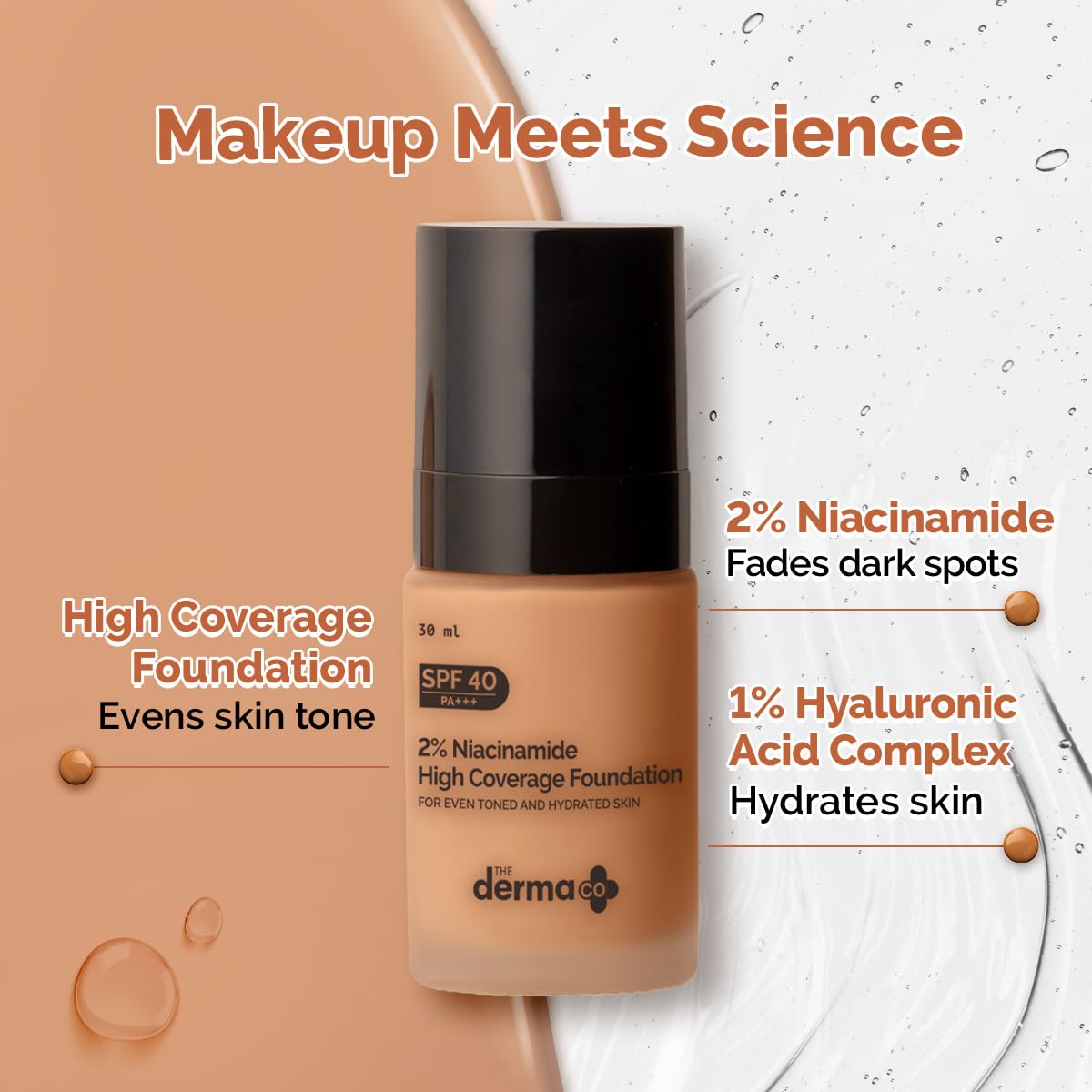 The Derma Co 2% Niacinamide High Coverage Matte Finish Foundation With 1% Hyaluronic Acid & Spf 40 Pa+++ For 12 Hour Long Stay & Oil Control - 05 Peach, For All Skin Type