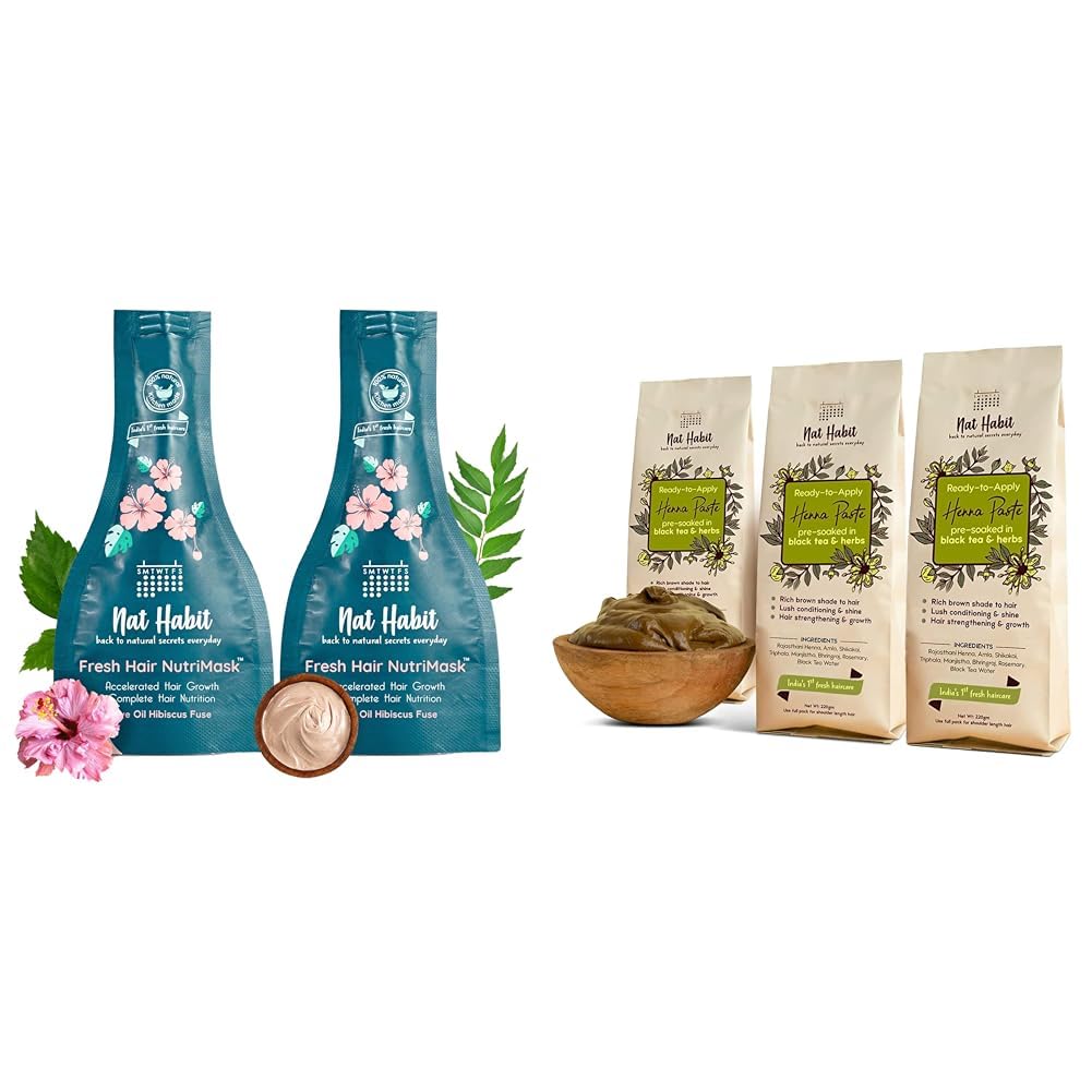 Nat Habit Five Oil Hibiscus Nutrimask-Hair Mask For All Hair & Scalp Types (Pack Of 2 X 40 Grams) And - Fresh Ready To Apply Henna Paste (Pack Of 3 X 220G)