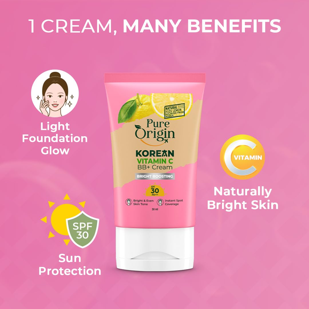 Pure Origin Korean Vitamin C Bright Boosting Light Gel Sunscreen 50 PA++++ & Bright Boosting BB+ Cream Combo | Light Gel Texture sunscreen, No White Cast | Non Irritant | for sun protection | Brighter and Glowing skin | For women and men | For all skin ty