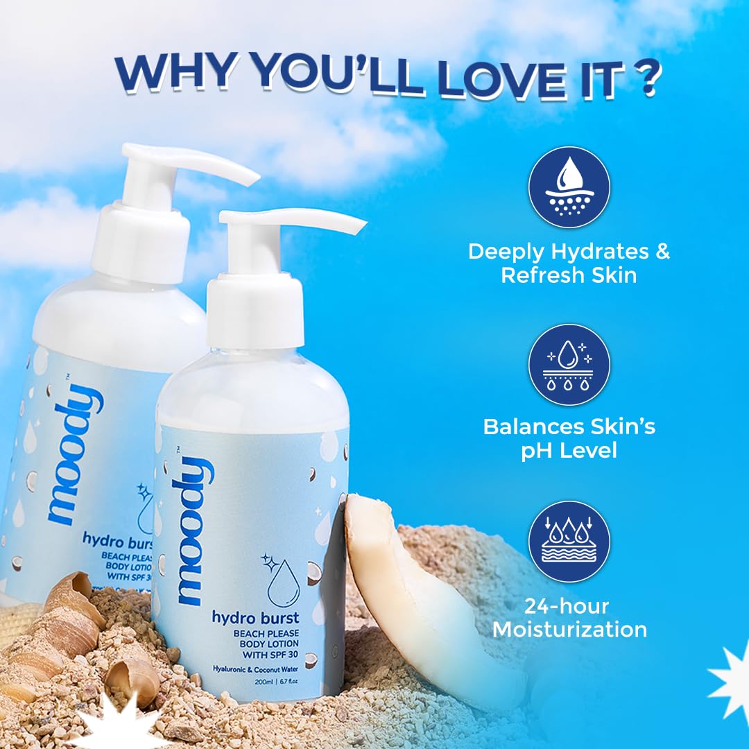 Moody Hydro Burst Beach Please Body Sunscreen Lotion SPF 30 with Ceramide | Broad Spectrum Sun Protection Lotion | Non Greasy | No White Cast | Quick-Absorbing | Suitable For All Skin Types, 200ml