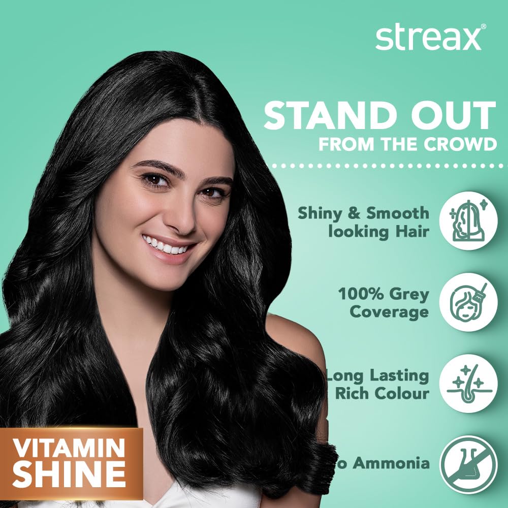 Streax Crème Permanent Hair Colour - 1 Natural Black Hair Colour- 140 ml, 100% Grey coverage, Ammonia Free Hair Color, Long Lasting Hair colour for women(Colourant Tube 60g,Developer Bottle 60ml,Conditioner 20g)
