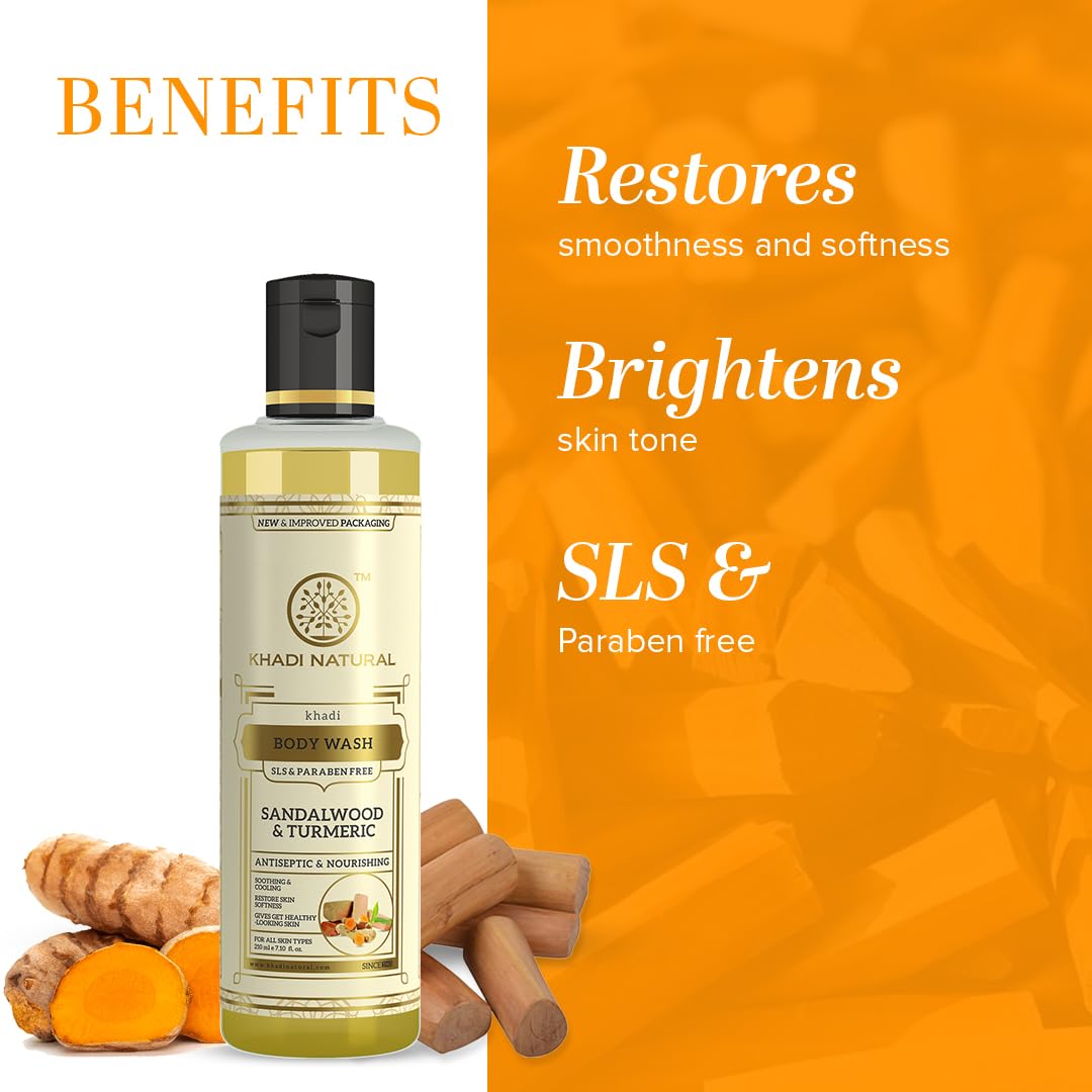 Khadi Herbal Sandal and Turmeric Herbal Body Wash, SLS and Paraben Free, 210 ml