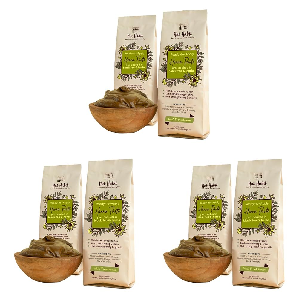 Nat Habit - Fresh Ready To Apply Henna Paste, Pre-Soaked in Black Tea and Herbs,100% Natural Rajasthani Henna, Imparts Rich Brown Shade (Pack of 6 x 220g)