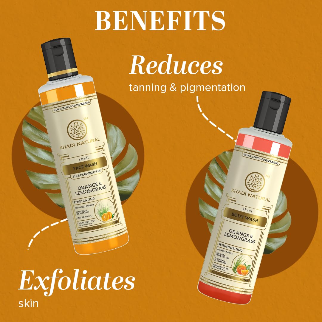 Khadi Natural Orange & Lemongrass Combo (Face Wash & Body Wash| Detoxifies and cleanses skin|Regulates oil production|SLS & Paraben free|210 ml each