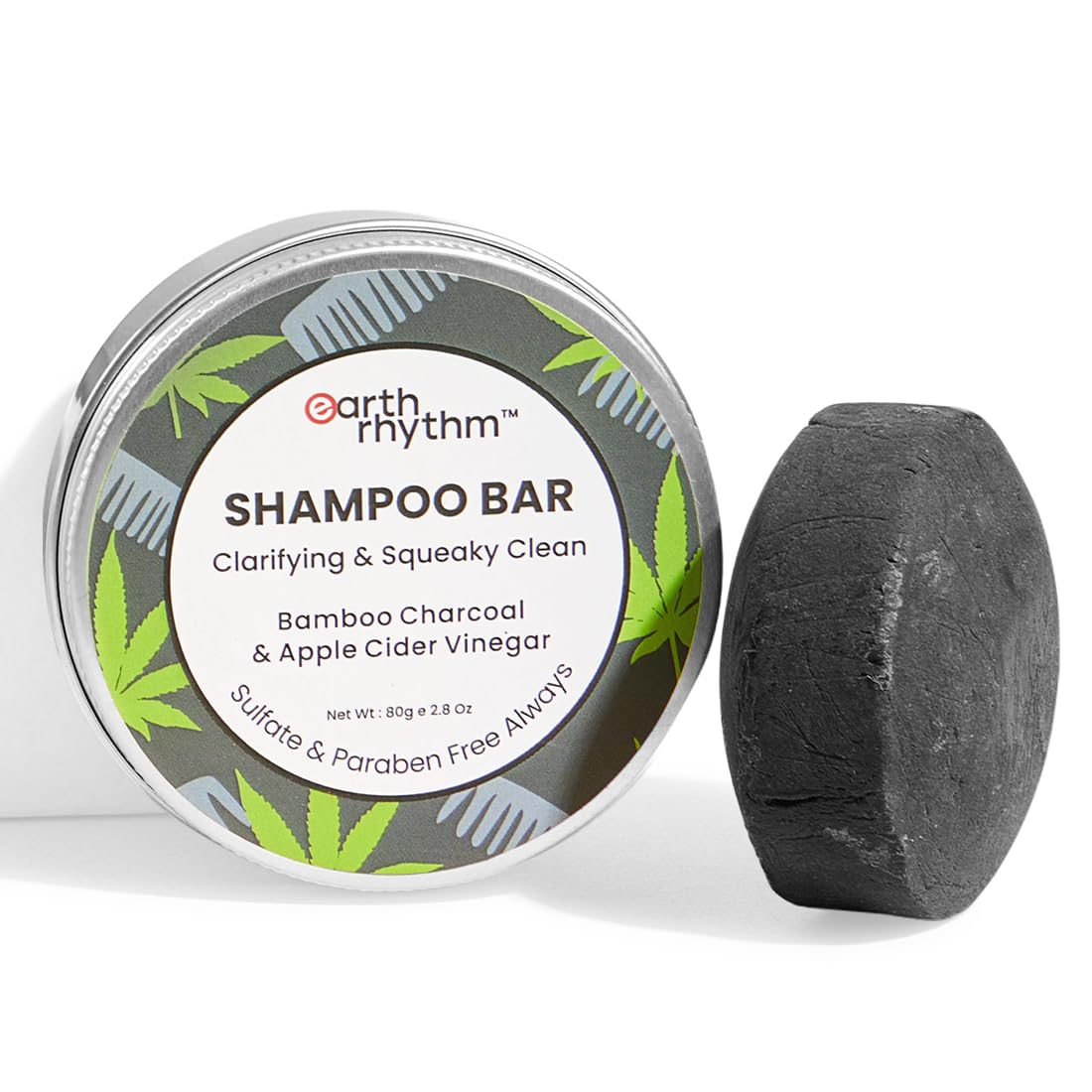 Earth Rhythm Charcoal Shampoo Bar | Clarify scalp, Strengthen Roots, Revitalise Hair | Sulphate & Paraben Free, Plastic Free, Tin Packaging - 80g